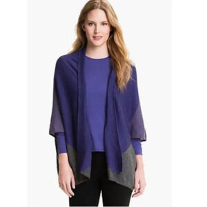EILEEN FISHER 100% Royal Alpaca Color Block Purple Gray Open Knit‎ Cardigan 2P